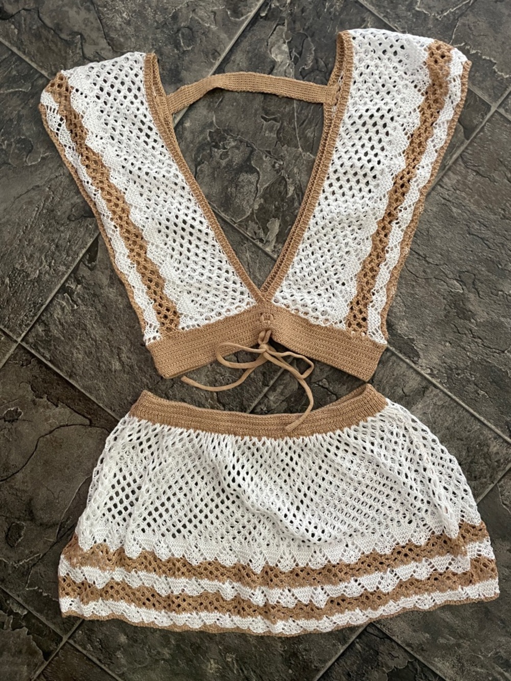 Boho Hippie Crochet Two-Piece Set in White & Tan | Beach Summer Music Festival